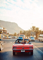 City, freedom and friends in car for road trip on vacation or holiday in town for journey....