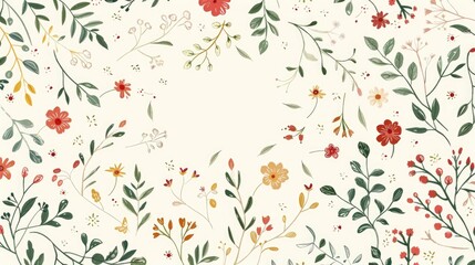 Hand drawn circular floral pattern with ellipses branches and flowers