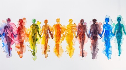 Diversity and inclusion: row of watercolor human figures in rainbow colors holding hands on a white background, symbolizing unity.