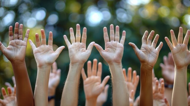 The act of raising hands signifies equality and the acknowledgment of everyone's voice in a democratic society.