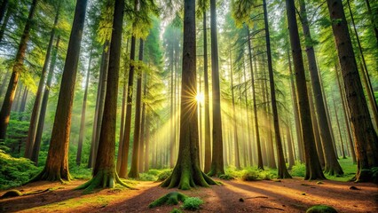 Fototapeta premium Majestic towering trees in dense forest, nature, green, environment, landscape, tall, enormous, foliage, branches, greenery