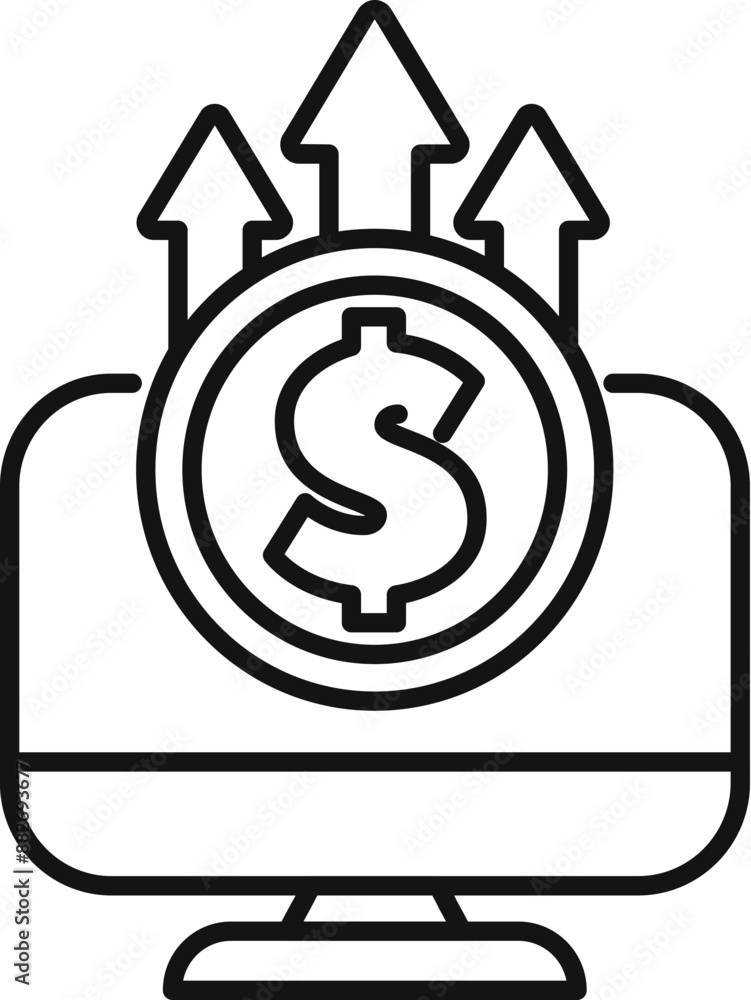 Poster computer screen showing a dollar sign with three arrows pointing up, representing online business gr