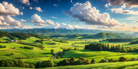 Fototapeta premium Serene Landscape with Majestic Mountain and Lush Meadows