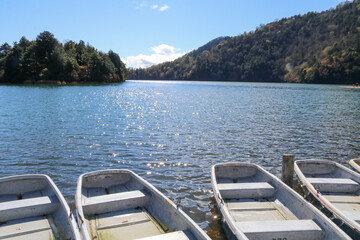 秋の日光の風景。湯の湖の岸につながれたボート。