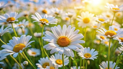 Fototapeta premium Field of beautiful white and yellow daisies blooming in the sunlight , nature, flowers, flora, plant life, garden, meadow