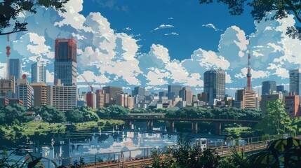 Fototapeta premium Please draw the Japanese city center in the 1980s