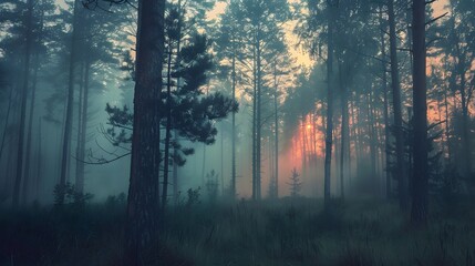 Fototapeta premium Countryside forest with cloudy sky covered by fire smoke during the evening. 