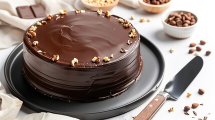 Chocolate Cake with Nuts on Black Plate