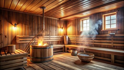 Rustic wooden sauna with steaming hot tub and cozy interior , relaxation, wellness, spa, wooden, sauna, hot tub, cozy