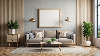 Modern living room with a stylish sofa and empty table frame on the wall, modern, living room, sofa