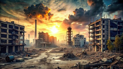 Destroyed urban landscape after nuclear explosion, apocalypse, wasteland, aftermath, radiation