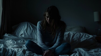 A woman sits on her bed in a dark room, her posture and expression conveying deep sadness and depression, highlighting serious mental health struggles and emotional distress