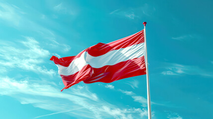 The red-white-red Austrian flag is flying in the blue sky. The flag of Austria hangs on a flagpole and flutters in the wind. The national symbol.