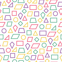 seamless pattern of various shapes, outline areas of various colors with a transparent background