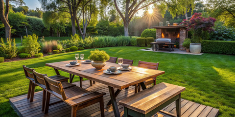 Serene outdoor setting featuring a rustic wooden table situated in front of a backyard grill, surrounded by lush green grass and towering trees.