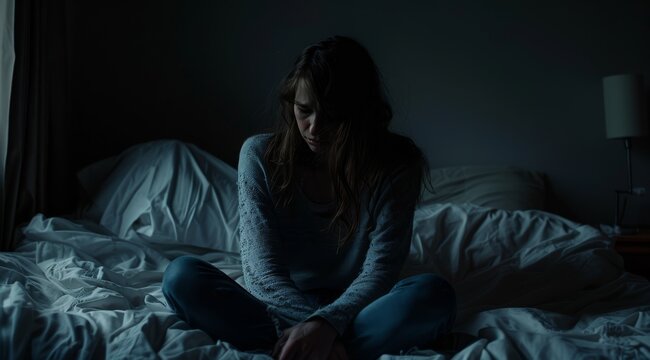 A woman sits on her bed in a dark room, her posture and expression conveying deep sadness and depression, highlighting serious mental health struggles and emotional distress