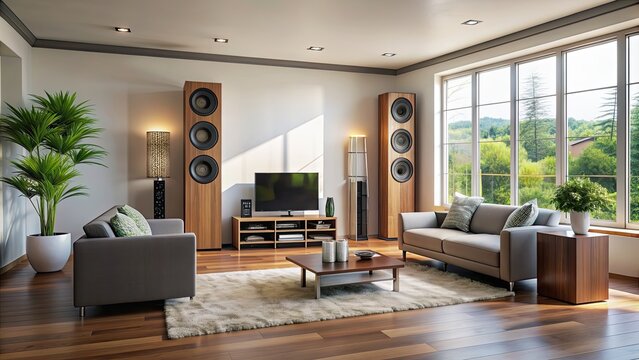 Modern living room with stereo speakers, modern, living room, stereo, speakers, interior, design, contemporary