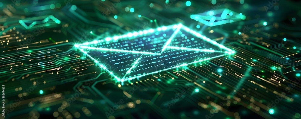 Poster digital circuit board pattern email icon with tech focused design and copy space