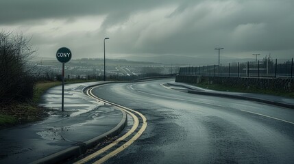 Obraz premium a gloomy city scene with a sweeping curved road, seen from a human eye level perspective