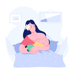 A flat character illustration of mother breastfeeding baby 