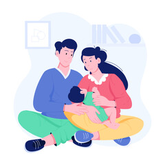 Obraz premium Parents sitting comfortably on floor while feeding baby, flat illustration 