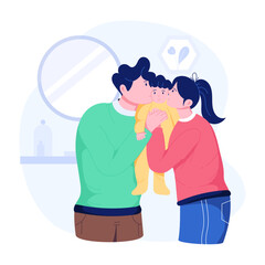 A flat style illustration of parents kissing baby on the cheeks 