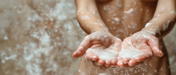 Close-up of open hands catching falling powder, with a brown textured backdrop. Capturing a gentle, serene moment with soft lighting.