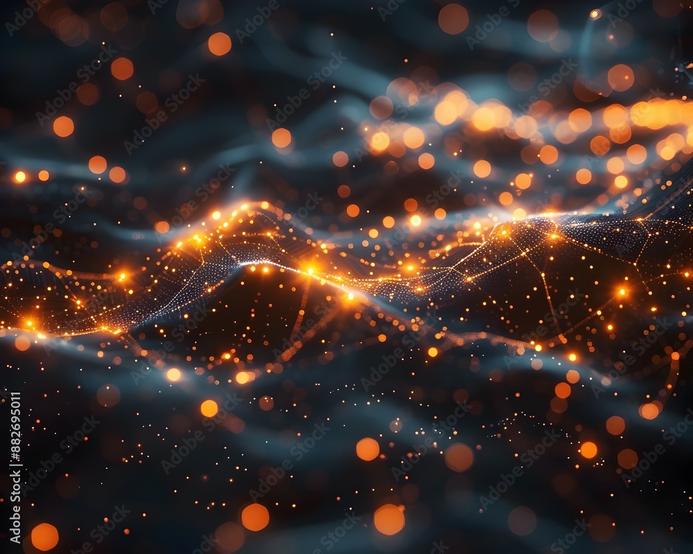 Poster glowing particles interconnected in quantum computing visualization