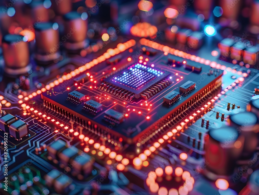 Poster intricate quantum computer chip with entangled qubits showcasing futuristic quantum computing techno