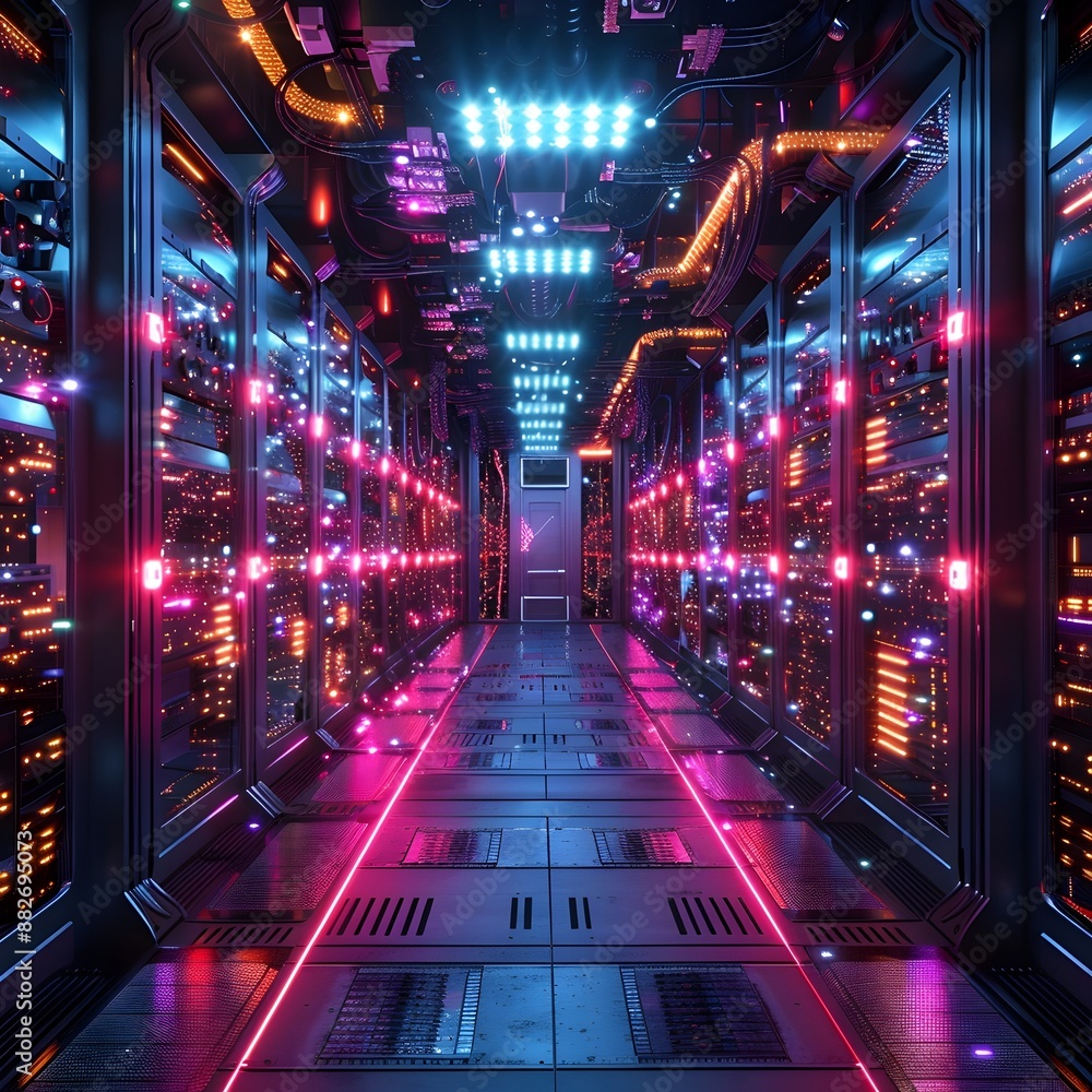 Poster futuristic quantum computer data center with glowing circuits and advanced cooling systems