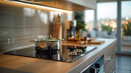 Kitchen interior: stylish apartment with induction stove and oven, complemented by a stainless pan on a glass ceramic hob, highlighting modern cooking convenience and design