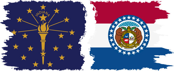 Missouri and Indiana states grunge brush flags connection vector