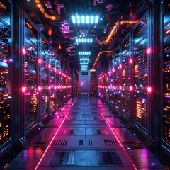 Futuristic Quantum Computer Data Center with Glowing Circuits and Advanced Cooling Systems