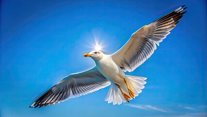 Obraz premium Seagull soaring gracefully in the clear blue sky, seagull, bird, wings, ocean, wildlife, nature, flying, freedom, peaceful, coastal