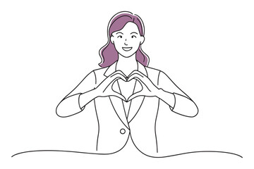 Woman in a white coat smiling and forming a heart shape with her hands doodle continuous line art vector illustration.