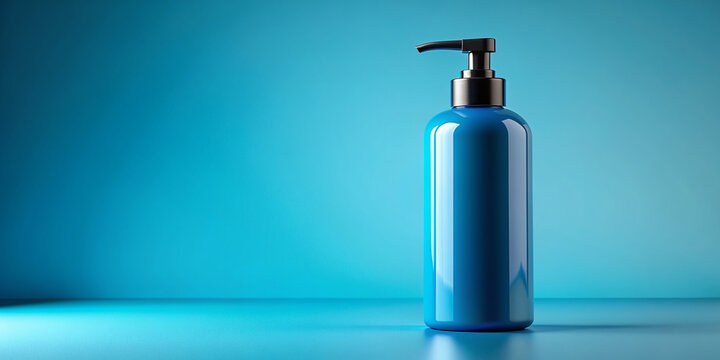 A solitary blue plastic bottle with a black pump dispenser stands upright on a matching blue background, showcasing a sleek and modern product design. - Powered by Adobe