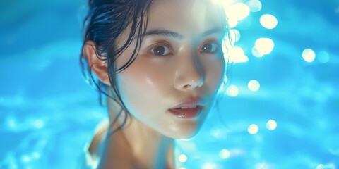 Close up portrait of beautiful young Asian woman with natural makeup and water splash on her face