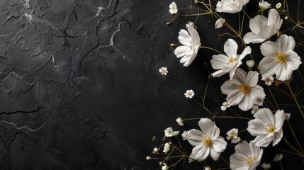 Condolences card featuring white abstract flowers on black backdrop with room for text