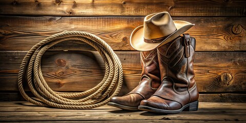 Cowboy boots with laces, hat, and rope worn by a cowboy in a rustic setting, cowboy, western, boots, laces, hat, rope, ranch