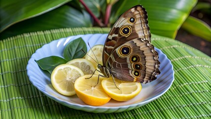 Gewöhnlicher Bananenfalter (caligo eurilochus) auf Obstteller duch Blattgrün beobachtet