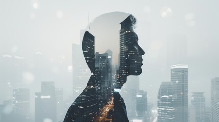 photography of a man's profile with steel grey gradient map, soft grey background, and abstract corporate buildings, copyspace