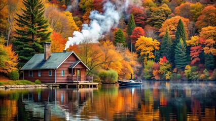 Fototapeta premium Cozy cabin surrounded by colorful autumn foliage with smoke rising from chimney and small boat moored at lakeshore, cabin