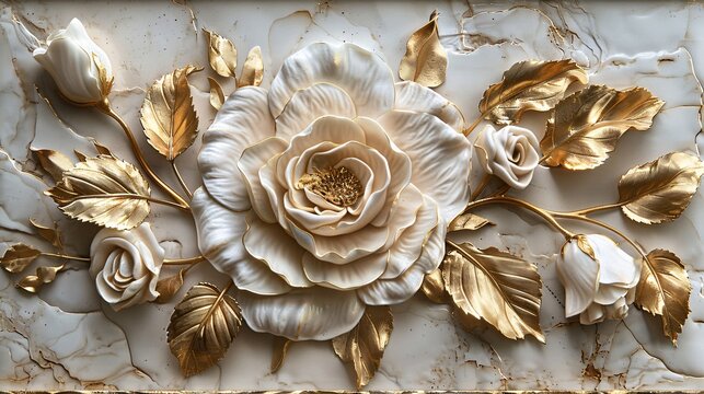 Classic elegance: white and gold rose stucco relief with intricate petals and lush leaves, embodying timeless beauty and sophistication.
