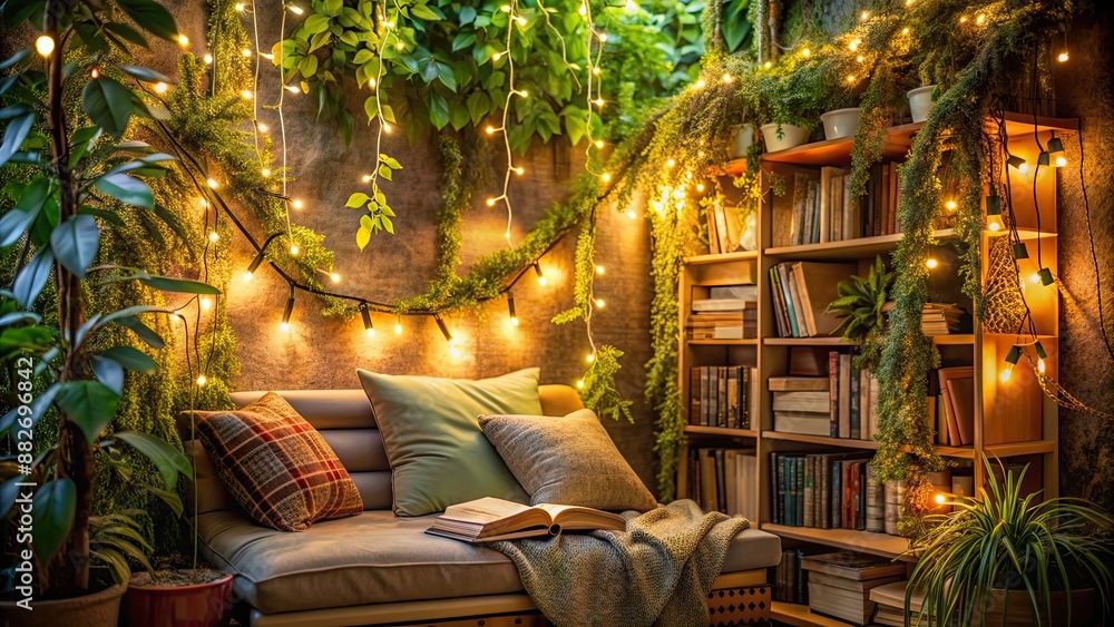 Wall mural Cozy reading nook with string lights