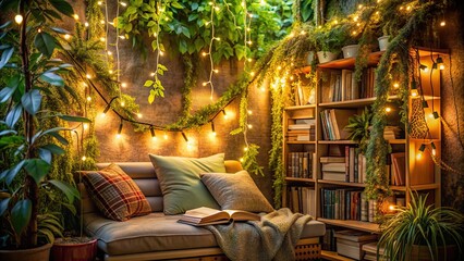 Cozy reading nook with string lights