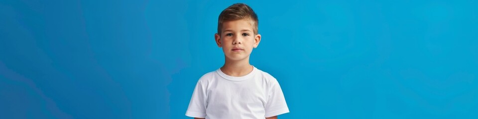 Fototapeta premium Charming and Stylish Boy Model Wearing a White Bella Canvas Shirt on a Blue Background. Minimalist and Fashionable Design T-Shirt Template for Print Presentations. AI-Generated Image for Commercial Ad