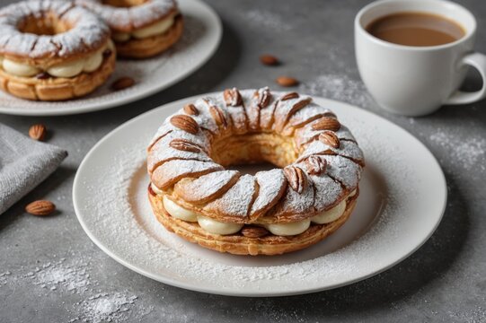 French dessert paris-brest with sugar powder and almonds on the white  plate