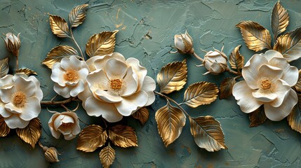 Fototapeta premium Stucco rose relief: artistic portrayal of classic petals in white and gold hues, set against a backdrop of rich green leaves for a luxurious feel.