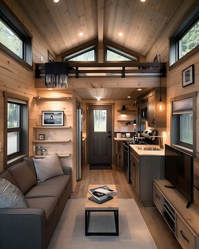 Rustic tiny house floor plan close-up, emphasizing cozy living area and compact kitchen, warm earthy tones, more clarity with clear light and sharp focus, high detailed