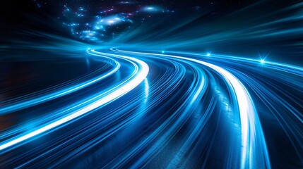 bright blue light trails arcing gracefully against a dark background, evoking speed and fluid motion.